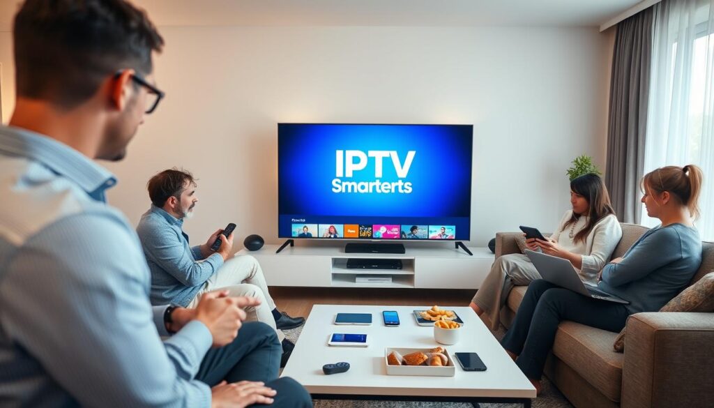 A modern living room in a Dutch home, showcasing a sleek TV displaying IPTV Smarters on the screen. In the foreground, a family is gathered on a comfortable couch, dressed in casual but neat clothing, engaging with various devices such as a smartphone, tablet, and laptop, illustrating the versatility of the IPTV service across different platforms. The middle layer features a stylish coffee table with remote controls and snacks. The background shows a large window with natural light filtering through sheer curtains, giving a warm, inviting atmosphere. The camera angle is slightly angled from above, focusing on the lively interaction and the glowing screen. The overall mood is relaxed and engaging, emphasizing family time enhanced by technology.