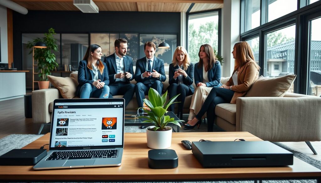 A modern living room inspired by Dutch design, featuring a stylish, comfortable sofa and a sleek coffee table with a laptop displaying a vibrant Reddit page on IPTV providers. In the foreground, various tech gadgets like a streaming device and a smartphone are artfully arranged. In the middle, a potted plant adds a touch of nature, while diverse individuals in professional business attire are engaged in a discussion about IPTV options, showcasing a collaborative atmosphere. Background elements include large windows with natural light flooding the space, creating a warm and inviting environment. The overall mood should be friendly and informative, emphasizing community and knowledge-sharing around IPTV services in the Netherlands, set in a contemporary interior. A modern living room inspired by Dutch design, featuring a stylish, comfortable sofa and a sleek coffee table with a laptop displaying a vibrant Reddit page on IPTV providers. In the foreground, various tech gadgets like a streaming device and a smartphone are artfully arranged. In the middle, a potted plant adds a touch of nature, while diverse individuals in professional business attire are engaged in a discussion about IPTV options, showcasing a collaborative atmosphere. Background elements include large windows with natural light flooding the space, creating a warm and inviting environment. The overall mood should be friendly and informative, emphasizing community and knowledge-sharing around IPTV services in the Netherlands, set in a contemporary interior.
