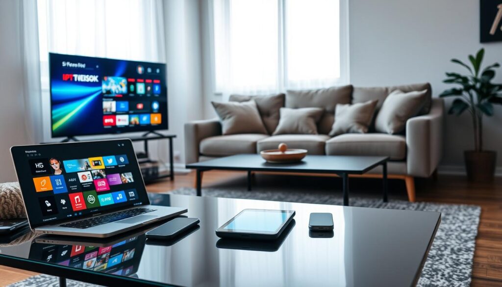 A modern living room scene designed to showcase the compatibility of various devices for IPTV subscriptions. In the foreground, a sleek, smart TV displays an IPTV interface, beautifully lit with dynamic colors glowing from the screen. To the left, a laptop with a streaming service open, reflecting vibrant app icons. On a stylish coffee table, a tablet lies next to a smartphone, all in elegant professional settings. In the middle ground, a cozy couch with soft cushions invites viewers to sit and enjoy, while a subtle rug beneath adds warmth. The background features a window letting in natural light, creating a tranquil atmosphere. The overall mood is informative and inviting, emphasizing modern technology within a comfortable home environment, shot from a slightly elevated angle to capture all elements harmoniously.