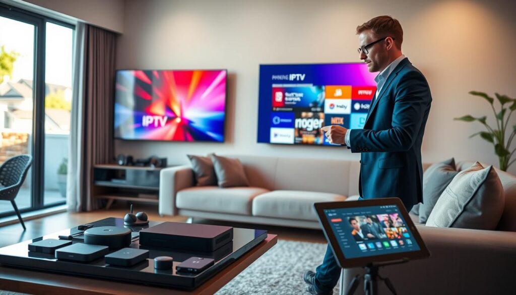 A modern living room scene featuring a sleek TV displaying IPTV content in vibrant colors. In the foreground, a person dressed in smart casual attire is setting up a streaming device with a remote in hand, looking focused and engaged. On a coffee table, there are various tech gadgets, and an elegant tablet showing the IPTV interface. The middle ground features a cozy couch with stylish cushions and a contemporary design. The background shows a well-lit window with suburban scenery, allowing natural light to fill the room. Soft, warm lighting creates an inviting atmosphere, emphasizing the ease of installation and use of IPTV services. The overall mood is professional yet relaxed, perfect for illustrating home entertainment technology.