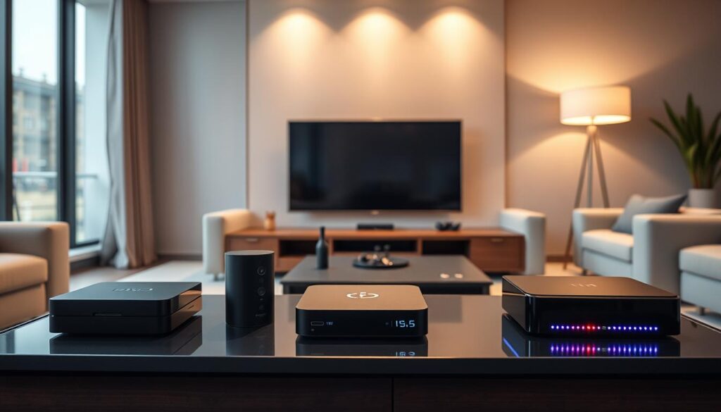 A modern living room scene featuring a variety of IPTV boxes displayed on a sleek coffee table. The foreground includes three distinct IPTV boxes showcasing different designs: one is compact and rectangular, another is cylindrical and stylish, and the third has a futuristic look with LED lights. In the middle ground, a comfortable couch is positioned facing a large flat-screen TV, which is turned off, creating a tranquil atmosphere. The background features a well-lit room with soft, warm lighting from elegant lamps, highlighting the details of the IPTV boxes. The overall mood is inviting and sophisticated, perfect for a cozy entertainment space. Use a soft focus lens effect to give the image a professional touch.