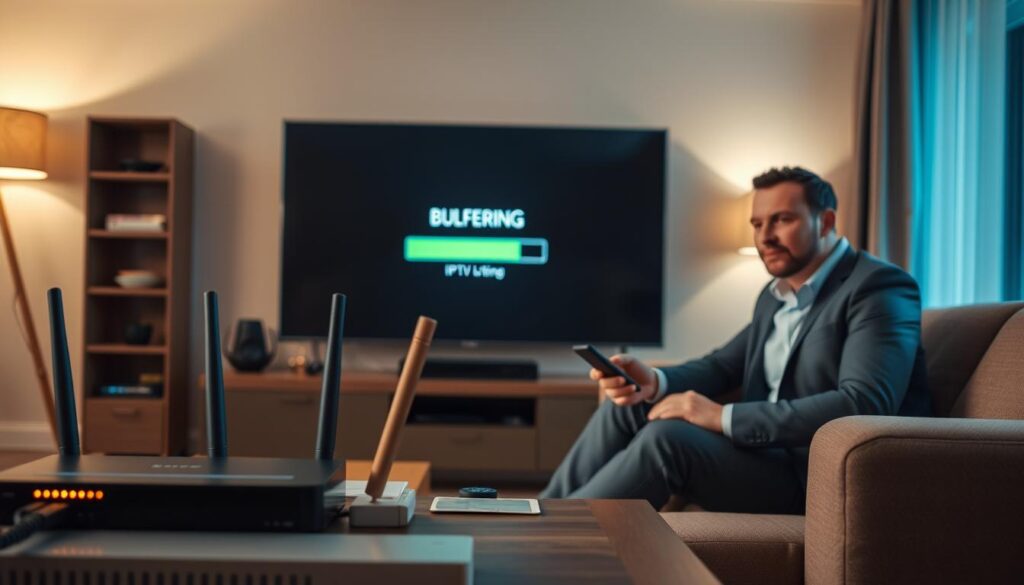 A modern living room scene, focusing on a sleek, high-tech television displaying a buffering icon, representing issues with IPTV streaming. In the foreground, a well-dressed individual, casually but professionally attired, is seated on a comfortable couch, looking concerned while holding a remote control. In the middle ground, electronic devices like a router and a digital receiver are visibly connected with glowing cables. The background features a softly lit room with warm lighting, creating a cozy atmosphere. The overall mood is a blend of urgency and hope, depicting the frustration of buffering while hinting at solutions through the high-tech setting. The lens focuses sharply on the subject and devices, with a slight soft blur on the background to draw attention to the central theme of resolving streaming issues.