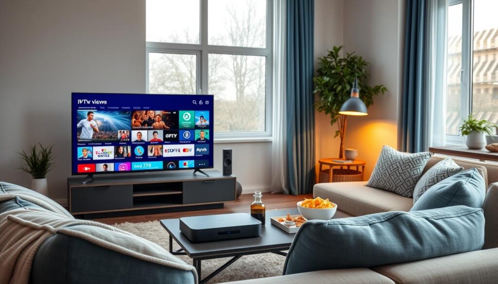 A modern living room scene illustrating the benefits of premium IPTV for Dutch users. In the foreground, a vibrant television displays a rich array of streaming content options, showcasing various genres like sports, movies, and documentaries. A comfortable sofa sits nearby, with a cohesive color palette of blues and whites that evoke a cozy atmosphere. In the middle, a stylish coffee table holds a digital streaming device and snacks, symbolizing leisure and entertainment. The background features a large window with natural light streaming in, enhancing the inviting ambiance. The scene is captured from a slightly elevated angle, providing a comprehensive view of the room, focusing on the happiness and convenience IPTV brings to Dutch viewers. The mood is warm and inviting, emphasizing enjoyment and relaxation.