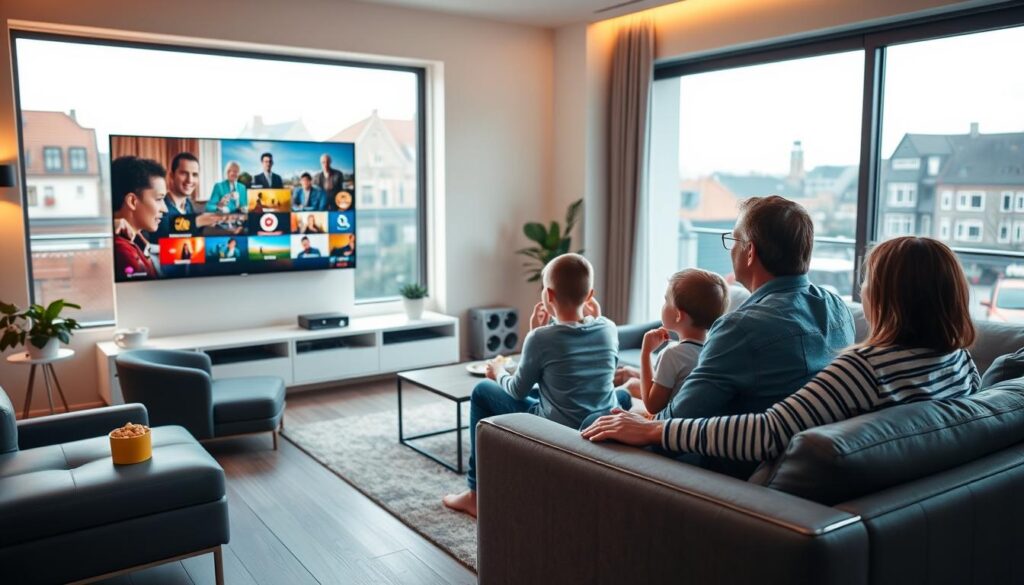 A modern living room scene showcasing a family engaging with legal IPTV services in the Netherlands. In the foreground, a family of four—parents and two children—are seated comfortably on a sleek couch, watching a large, wall-mounted television displaying colorful streaming content. The middle ground features stylish furniture and a coffee table with snacks, hinting at a cozy movie night. In the background, large windows provide natural light, illuminating the space, with scenic views of Dutch architecture outside. The atmosphere is warm and inviting, emphasizing stability and reliability in entertainment. Use soft, warm lighting to create a welcoming mood, captured from a slightly angled perspective to enhance depth.