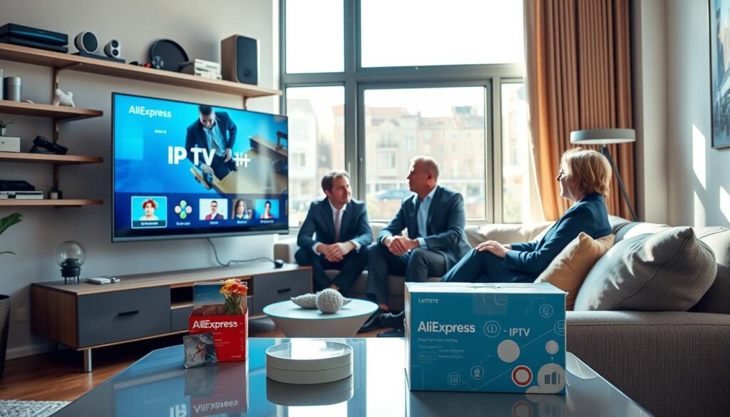 A modern living room scene showcasing a smart TV displaying IPTV content via AliExpress. In the foreground, a sleek coffee table is adorned with an AliExpress package featuring vibrant colors and tech symbols. On the wall behind the TV, a stylish shelf displays various gadgets and decor items. The middle ground features a comfortable sofa where two adults, dressed in professional business attire, are watching the IPTV, looking engaged and discussing the content. Bright, natural lighting filters through a large window, casting soft shadows and creating a welcoming atmosphere. The background includes hints of a contemporary urban setting through the window, suggesting a Dutch neighborhood. Capture this moment with a slightly elevated camera angle to emphasize the interaction and the lively ambiance.