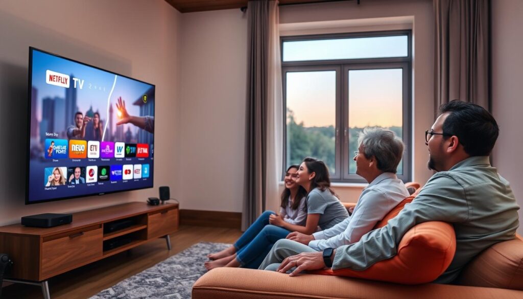 A modern living room scene that showcases the benefits of the cheapest IPTV subscription. In the foreground, a family of four, dressed in casual yet tidy clothing, is happily watching TV together on a large flat-screen television, with a vibrant display of various channels. The middle layer features a sleek, minimalist entertainment center with streaming devices and a cozy sofa adorned with colorful cushions. The background includes a window with soft, warm evening light casting a gentle glow across the room, enhancing a relaxing atmosphere. The overall mood should convey enjoyment and satisfaction, with hints of technology and family bonding evident in their expressions.