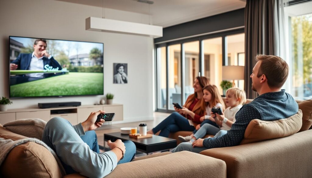 A modern living room scene where a Dutch family is enjoying IPTV on a large flat-screen TV. In the foreground, a smiling father sits on a cozy sofa, holding a remote control, while a mother and two children sit beside him, all dressed in casual but neat clothing. The middle layer features a coffee table with snacks and drinks, and a stylish multimedia setup, including a streaming device and gaming console. The background reveals a well-decorated room with warm lighting, large windows showing a sunny day outside, creating an inviting atmosphere. The scene embodies family togetherness and modern entertainment technology, highlighting the concept of IPTV subscriptions for Dutch viewers.