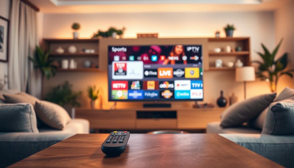 A modern living room scene with a comfortable sofa facing a large flat-screen TV displaying a menu of IPTV channel options. In the foreground, an attractive coffee table is adorned with a remote control and a variety of streaming service logos in vibrant colors. The middle ground shows the TV glowing softly, highlighting a split screen with popular channels like sports, movies, and news. The background features a cozy setup with soft lighting, plants, and decorative elements that convey a relaxed atmosphere. The overall mood is inviting, suggesting a perfect space for enjoying diverse IPTV content. Captured with a warm color palette and low-angle perspective to emphasize the ease of enjoying home entertainment.