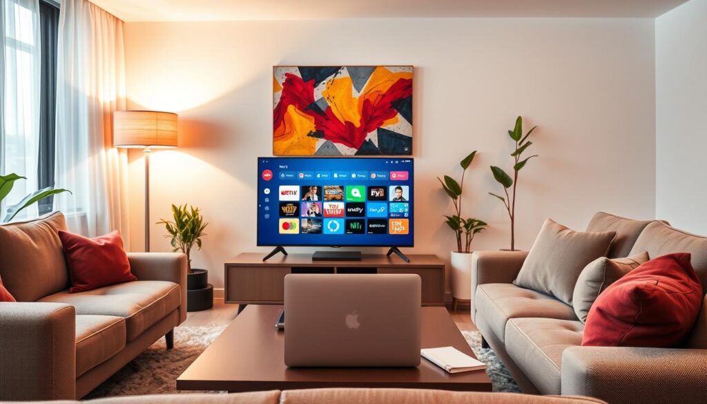 A modern living room set up for safe IPTV viewing. Foreground: a sleek, flat-screen TV displaying a colorful IPTV app interface, surrounded by a comfortable sofa and a stylish coffee table adorned with a laptop and a notepad. Middle ground: a cozy ambiance created by soft lighting from a floor lamp, with a vibrant abstract painting hanging on the wall. Background: a large window with sheer curtains allowing natural light to filter in, and a few indoor plants for a touch of greenery. The overall mood is inviting and informative, emphasizing a tech-friendly home environment. A warm color palette enhances the feeling of comfort and safety in the space. Capture the scene from a slightly elevated angle to showcase the arrangement effectively.