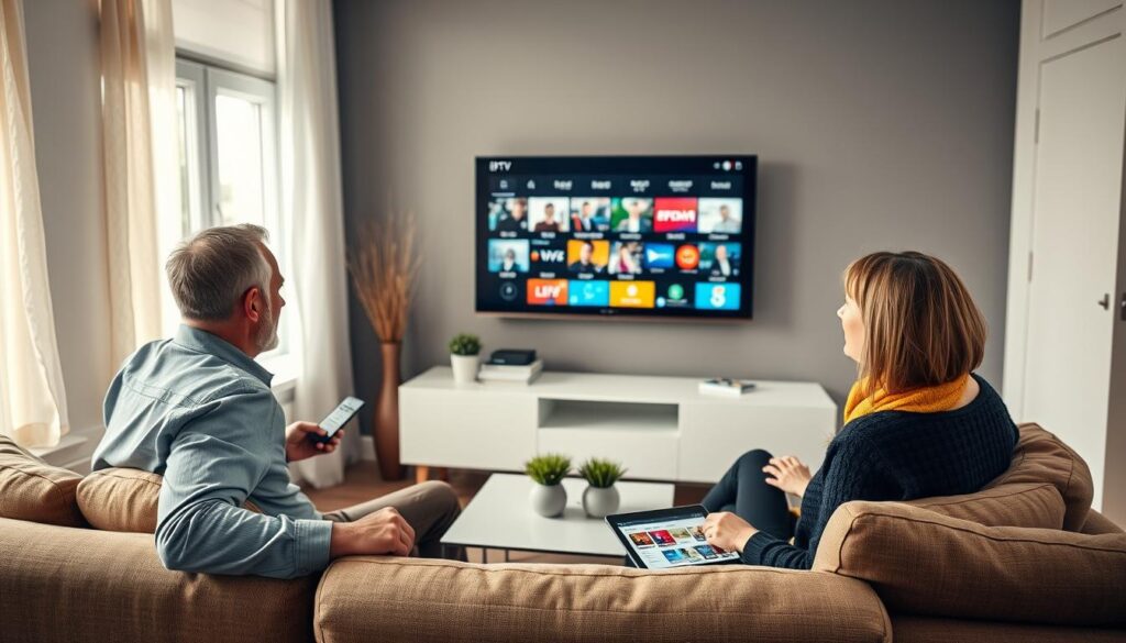 A modern living room setting, bathed in warm, inviting light from a window, showcasing a family gathered around a high-definition television. In the foreground, a father and mother, dressed in casual yet professional attire, sit on a comfortable couch, attentively watching IPTV content. On the coffee table, there are various tech gadgets like a remote control and a tablet with IPTV streaming service open. The middle ground features a sleek entertainment center with decorative plants and books, emphasizing a safe and cozy environment for media consumption. In the background, a wall-mounted TV displays a colorful montage of various channels. The atmosphere is calm and focused, reflecting a safe and conscious approach to digital entertainment in the Netherlands.