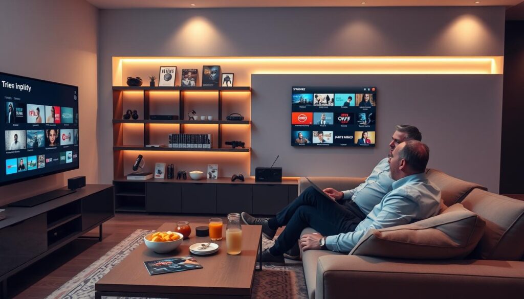 A modern living room setting designed for adults, featuring a stylish sofa, a large flat-screen TV displaying various IPTV streaming options, and a coffee table with snacks and drinks. In the foreground, an adult couple dressed in casual, professional attire is seated comfortably, engaged in selecting their favorite streaming content. The middle ground includes shelves lined with tech gadgets, remote controls, and some magazines about IPTV services. In the background, soft lighting highlights a chic decor with warm tones, creating a cozy and inviting atmosphere. The scene is well-lit, emphasizing the technology aspect while conveying a relaxed yet focused mood, shot from a slightly elevated angle to capture the entire setup clearly.