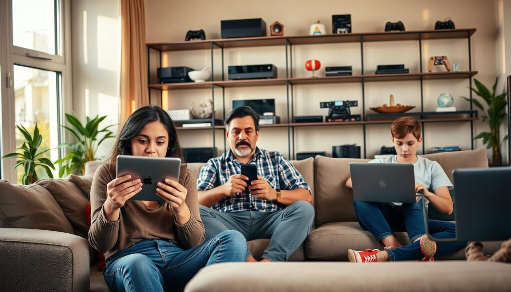 A modern living room setting featuring a diverse group of three people comfortably using various devices to watch IPTV. In the foreground, a young woman is holding a tablet, intently engaged with the screen, while a middle-aged man sits on the couch with a smart TV remote, and a teenage boy is using a laptop nearby. The room is well-lit with warm, inviting daylight streaming through large windows. In the background, shelves are filled with streaming devices, gaming consoles, and decorative items that emphasize technology. The atmosphere is casual yet vibrant, reflecting a shared enjoyment of entertainment, showcasing the compatibility of IPTV across multiple devices. Capture this scene with a focus on the interaction between the characters and their devices, using natural soft lighting for a welcoming vibe.