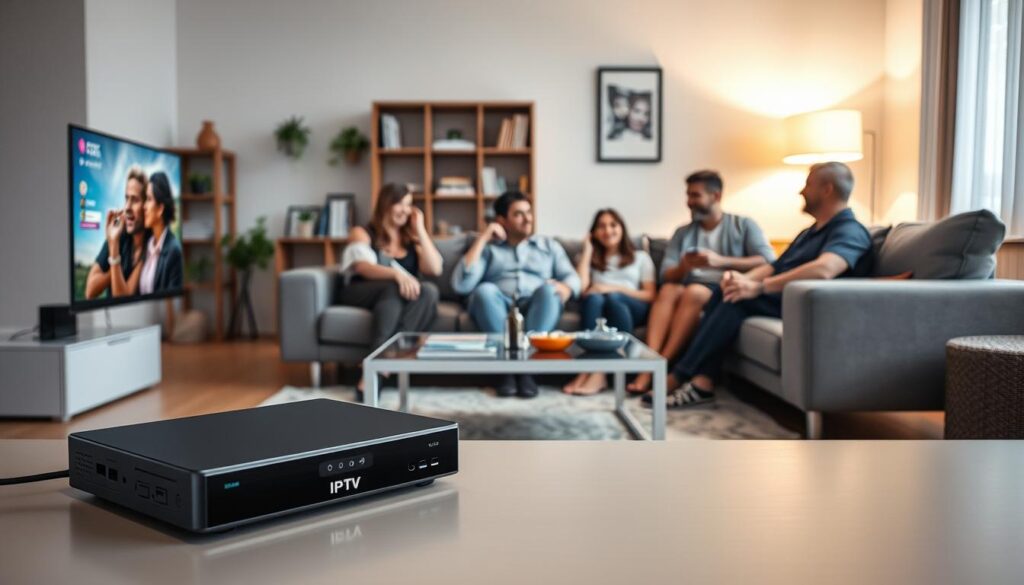 A modern living room setting featuring a sleek IPTV player prominently displayed in the foreground, showcasing its user-friendly interface on a vibrant screen. In the middle ground, a comfortable sofa is arranged around a stylish coffee table, with family members dressed in smart casual attire engaged in watching their favorite shows, reflecting enjoyment and ease of use. The background includes a cozy bookshelf and a soft lamp casting warm lighting, creating an inviting atmosphere. The overall composition captures a sense of modern convenience and compatibility with technology. The focus is on clarity, stability, and the friendly interaction between the users and the IPTV device, evoking a mood of satisfaction and ease. A modern living room setting featuring a sleek IPTV player prominently displayed in the foreground, showcasing its user-friendly interface on a vibrant screen. In the middle ground, a comfortable sofa is arranged around a stylish coffee table, with family members dressed in smart casual attire engaged in watching their favorite shows, reflecting enjoyment and ease of use. The background includes a cozy bookshelf and a soft lamp casting warm lighting, creating an inviting atmosphere. The overall composition captures a sense of modern convenience and compatibility with technology. The focus is on clarity, stability, and the friendly interaction between the users and the IPTV device, evoking a mood of satisfaction and ease.