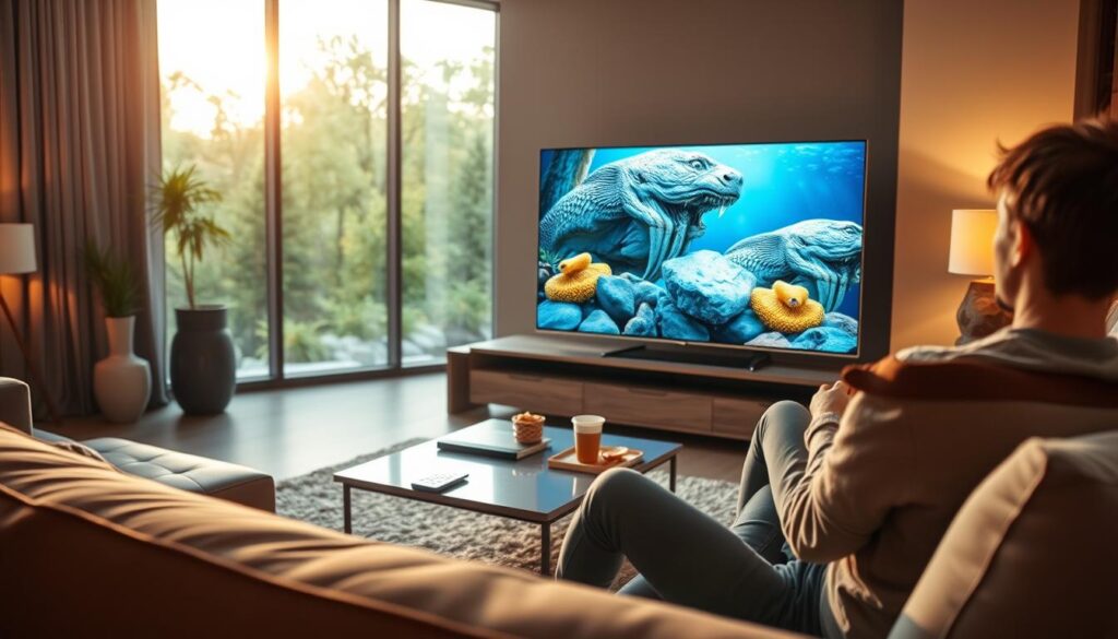 A modern living room setting focused on an elegantly designed smart TV showcasing a vibrant, detailed scene of a nature documentary, emphasizing clarity and color richness. In the foreground, a person in casual, comfortable clothing sits on a stylish sofa, captivated by the screen, with a look of enjoyment and engagement. The middle ground features a sleek coffee table adorned with remote controls and snacks, while warm ambient lighting creates an inviting atmosphere. In the background, soft natural light streams in through large windows, illuminating the room and enhancing the cozy environment. The overall mood is one of relaxation and satisfaction, highlighting the improved viewing experience provided by IPTV technology.