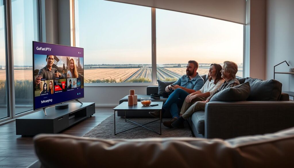 A modern living room setting in the foreground, featuring a sleek, flat-screen television displaying a vibrant GoFast IPTV interface, showcasing various streaming options. A comfortable sofa is placed at an angle to reveal a family enjoying a streaming session together, all dressed in casual clothing, with expressions of relaxation and enjoyment. In the middle ground, a stylish coffee table holds snacks and remote controls, while soft, ambient lighting creates a warm, inviting atmosphere. The background displays a window with a view of the Dutch landscape under a clear blue sky, symbolizing connectivity and advanced technology in the context of a peaceful home environment. Capture the scene from a slightly elevated angle, focusing on the joy of seamless streaming experiences.