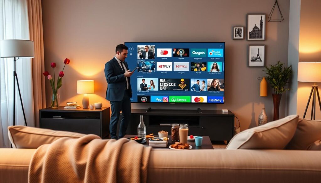 A modern living room setting showcasing a sleek flat-screen TV displaying an engaging IPTV interface, featuring vibrant thumbnails of popular channels. In the foreground, a comfortable couch with a cozy blanket and a small coffee table laden with snacks and drinks. Soft, warm lighting emanates from stylish lamps, creating a welcoming atmosphere. The middle ground highlights a person in professional business attire, casually interacting with a tablet, using a popular free IPTV player. The background captures a tastefully decorated wall with subtle decor that reflects Dutch culture, such as tulip vases and pictures of iconic locations. The overall mood is inviting and tech-savvy, emphasizing the accessibility and ease of free IPTV viewing in the Netherlands.