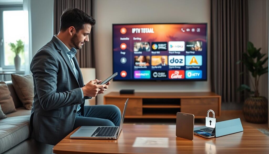 A modern living room setting showcasing a sleek television displaying the IPTV Totaal app interface. In the foreground, a professional-looking person, dressed in smart casual attire, interacts with a tablet, symbolizing usage and interaction with digital media. The middle ground features a stylish coffee table with privacy and security-themed elements, like a laptop with a lock icon and a smartphone with encrypted symbols, emphasizing the importance of safety and privacy in streaming. In the background, a cozy window allows soft natural light to fill the room, creating a warm and inviting atmosphere. The overall mood is one of security, reliability, and technological advancement, highlighting the significance of safety and privacy in IPTV services.