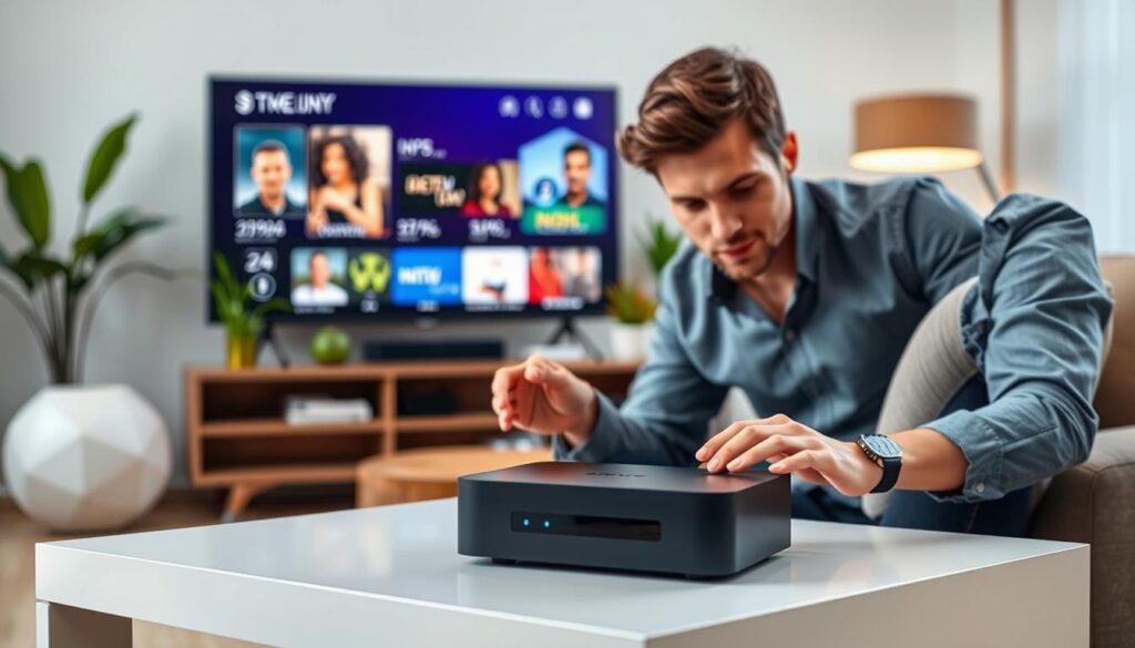 A modern living room setting showcasing a stylish IPTV box on a sleek, minimalist coffee table. In the foreground, a young professional man in casual business attire is analyzing the box, with an expression of curiosity. The middle layer features a well-lit TV displaying various streaming options, surrounded by vibrant plants. The background is softly blurred, hinting at a cozy sofa and contemporary decor, creating a warm atmosphere. The lighting is bright and inviting, emphasizing the technology of the IPTV box. The angle is slightly elevated, giving a comprehensive view of the interaction, while maintaining focus on the IPTV box and its potential uses. Overall mood is informative and engaging, ideal for illustrating a technology-focused choice guide.