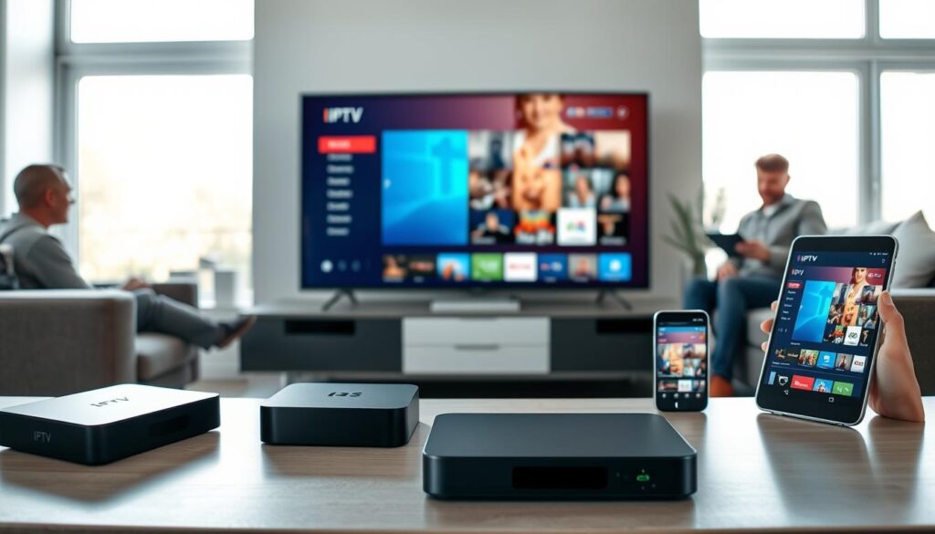 A modern living room setting showcasing a variety of IPTV devices on a stylish media console. In the foreground, a smart TV displaying a vibrant IPTV menu interface, with a sleek streaming box beside it. To the side, a tablet and smartphone featuring similar IPTV content, symbolizing cross-device compatibility. The middle ground includes a cozy sofa with a couple of people in modest casual clothing watching TV, engaged and relaxed. In the background, large windows with natural light streaming in, creating a warm and inviting atmosphere. The entire scene is well-lit, highlighting the devices' sleek designs, and shot from a slightly elevated angle to capture the entire setup. No text or branding present, just a focus on the devices and the viewing experience.