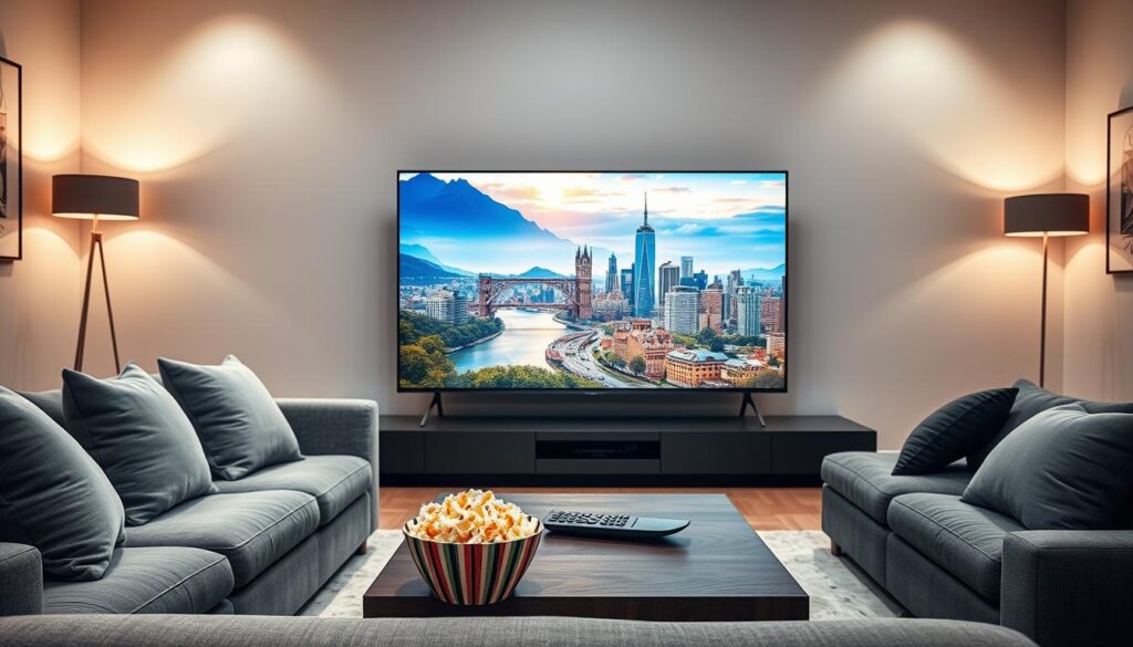 A modern living room setting showcasing an IPTV streaming experience. In the foreground, a sleek, large flat-screen TV displays vibrant 4K images of nature and cityscapes, highlighting the stunning clarity of the content. A comfortable sectional sofa adorned with soft pillows invites relaxation. In the middle ground, a coffee table holds a remote control and a bowl of popcorn, emphasizing the casual viewing atmosphere. The background features soft lighting from stylish floor lamps, creating a warm and inviting environment. The walls are decorated with minimalistic art pieces that add a touch of elegance. The scene should evoke a mood of enjoyment and modern technology with a clear focus on high-quality streaming.