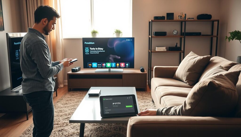 A modern living room setting showcasing the activation and installation process of an IPTV subscription. In the foreground, a focused individual in professional casual attire is interacting with a smart TV, demonstrating the installation of an IPTV app on the screen. In the middle, a sleek coffee table holds a remote control, a tablet displaying the IPTV subscription details, and a cozy couch in muted colors enhances the atmosphere. The background features a shelf with neatly arranged tech gadgets and a window allowing warm, natural light to stream in, creating an inviting and comfortable mood. Soft shadows enhance the depth while maintaining a clear focus on the installation process. The angle is slightly elevated, giving a comprehensive view of the scene.