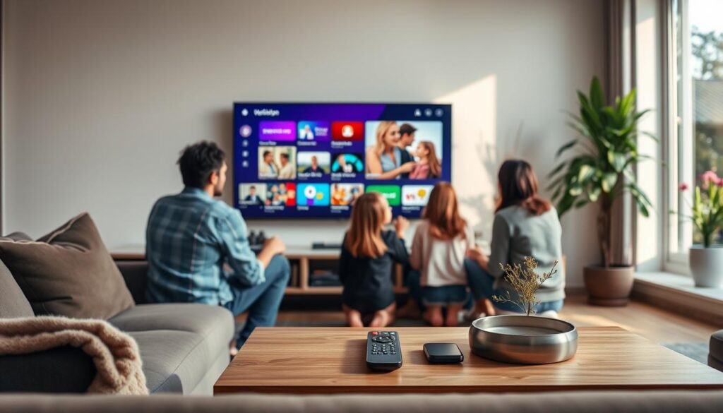 A modern living room setting showcasing the advantages of IPTV in the Netherlands. In the foreground, a cozy couch with a stylish coffee table displaying an IPTV remote control and smart devices. In the middle, a large flat-screen TV mounted on the wall, displaying a vibrant interface of IPTV channels, with families enjoying diverse content together. The background includes a window with sunlight streaming in, illuminating fresh flowers and a potted plant, creating a warm and inviting atmosphere. Use soft, natural lighting to enhance a relaxed mood. Capture the scene from a slightly elevated angle, providing depth to the space, while maintaining a focus on the IPTV experience.