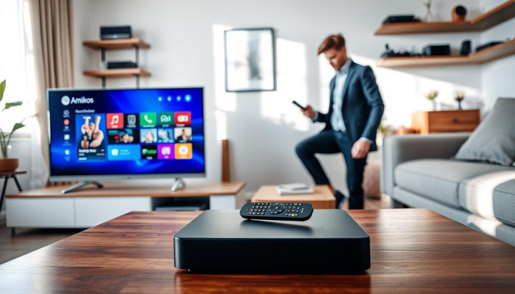 A modern living room setting showcasing the installation and user-friendliness of the Amiko Box IPTV. In the foreground, a polished wooden coffee table displays the sleek Amiko Box, remote control, and a vibrant TV screen showcasing the interface. A user, dressed in smart casual clothing, interacts with the remote, focused on the screen. In the middle ground, a comfy sofa and decorative elements enhance the cozy atmosphere, while wall-mounted shelves feature tech gadgets, creating a tech-savvy environment. The background reveals a sunny window with natural light streaming in, casting soft shadows. The overall mood is inviting and informative, emphasizing the ease of use and connectivity of the Amiko Box IPTV.