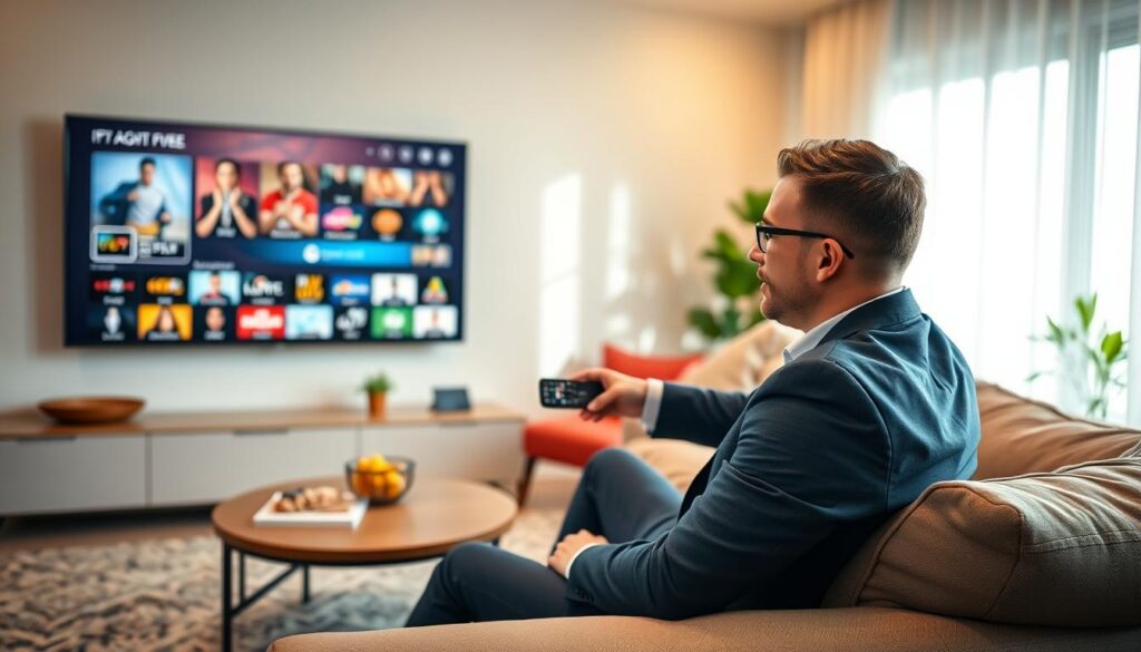 A modern living room setting where a user is activating and using the IPTV Totaal app on a sleek smart TV. In the foreground, a person in smart casual attire is sitting on a comfortable sofa, holding a remote control, with a focused expression, as they navigate the app interface displayed on the screen. The TV shows colorful thumbnails of live television channels. In the middle ground, there are cozy decor elements like a coffee table with snacks and a plant, enhancing the inviting atmosphere. The background features a softly lit room with natural light coming through a window, creating a warm and engaging mood. The angle is slightly angled from the side, highlighting both the person and the smart TV prominently.