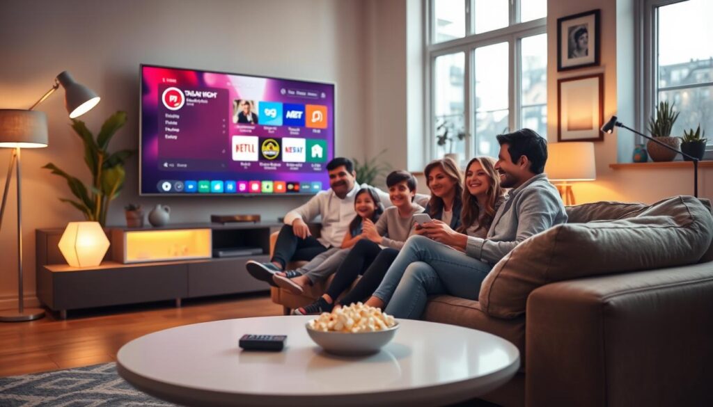 A modern living room setting with a comfortable, stylish sofa facing a large flat-screen TV displaying vibrant IPTV interface graphics. In the foreground, a sleek coffee table holds a remote control and a bowl of popcorn, suggesting a cozy movie night atmosphere. In the middle, a family, dressed in smart casual attire, enjoys watching a show together, radiating happiness and relaxation. Soft, warm lighting from floor lamps creates an inviting glow, enhancing the comfort of the space. The background features decorative elements like plants and framed pictures to add detail, while large windows let in natural light, evoking a serene ambiance for safe and enjoyable TV viewing.
