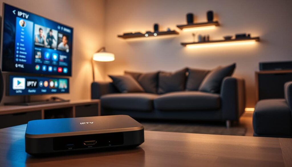 A modern living room setting with a sleek flat-screen TV prominently displaying IPTV content. In the foreground, a stylish IPTV device with various ports visible, including HDMI and USB, rests on a contemporary entertainment unit. The middle ground features a comfortable sofa, flanked by a smart speaker and ambient lighting that casts a warm glow, enhancing the inviting atmosphere. The background includes a stylish wall-mounted shelf with a few tech gadgets, giving the scene a tech-savvy feel. The lighting is soft and warm, creating a cozy environment. The camera angle is slightly above eye level, providing a broad view of the IPTV setup, while maintaining sharp focus on the device. The overall mood is modern and sophisticated, appealing to tech enthusiasts. A modern living room setting with a sleek flat-screen TV prominently displaying IPTV content. In the foreground, a stylish IPTV device with various ports visible, including HDMI and USB, rests on a contemporary entertainment unit. The middle ground features a comfortable sofa, flanked by a smart speaker and ambient lighting that casts a warm glow, enhancing the inviting atmosphere. The background includes a stylish wall-mounted shelf with a few tech gadgets, giving the scene a tech-savvy feel. The lighting is soft and warm, creating a cozy environment. The camera angle is slightly above eye level, providing a broad view of the IPTV setup, while maintaining sharp focus on the device. The overall mood is modern and sophisticated, appealing to tech enthusiasts.