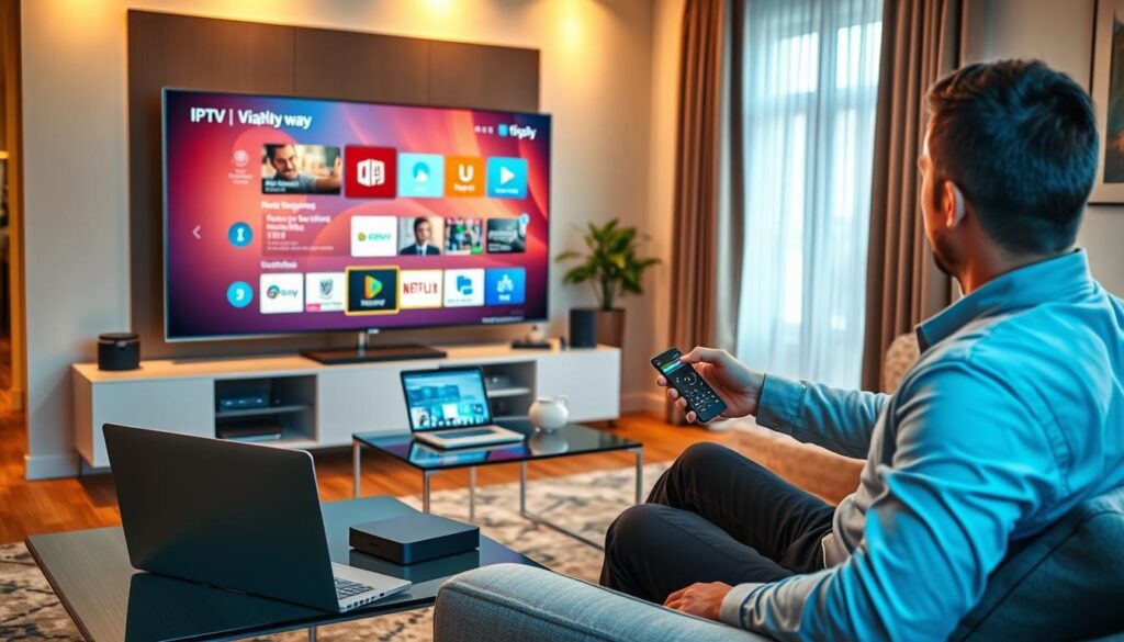 A modern living room setting with a sleek, smart TV displaying the IPTV Viaplay interface. In the foreground, a person in professional business attire is seated comfortably on a stylish sofa, holding a remote control while configuring the TV settings. The middle layer features an elegant coffee table with streaming devices and a laptop displaying installation guides. The background shows a tastefully decorated room with soft, warm lighting, providing a cozy atmosphere. Natural light filters through a large window, enhancing the inviting mood. The composition is captured from a slightly elevated angle, focusing on the interaction between the user and the technology, emphasizing the seamless installation process for an optimal viewing experience.