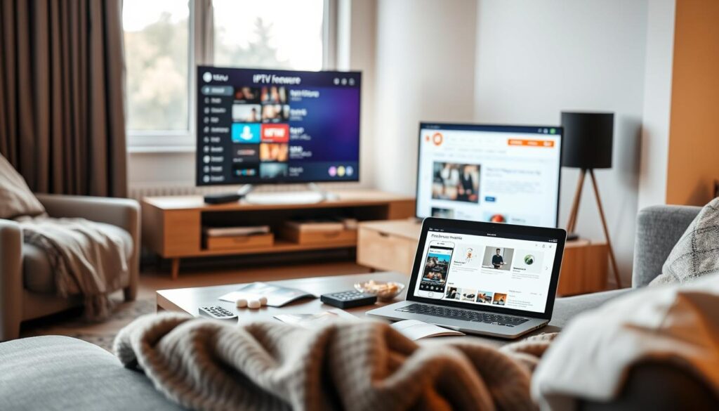 A modern living room setting with a sleek television displaying IPTV menu options, highlighting various streaming channels. In the foreground, a comfortable sofa with a cozy throw blanket invites viewers in, while a coffee table holds remote controls and snacks, creating a casual atmosphere. In the middle ground, an open laptop shows a vibrant website about IPTV freeware, surrounded by a few printed guides and a smartphone app interface on the screen. The background features a window with soft natural lighting, casting warm hues across the room. Overall, the mood is inviting and informative, reflecting the theme of technology and home entertainment in the Netherlands.