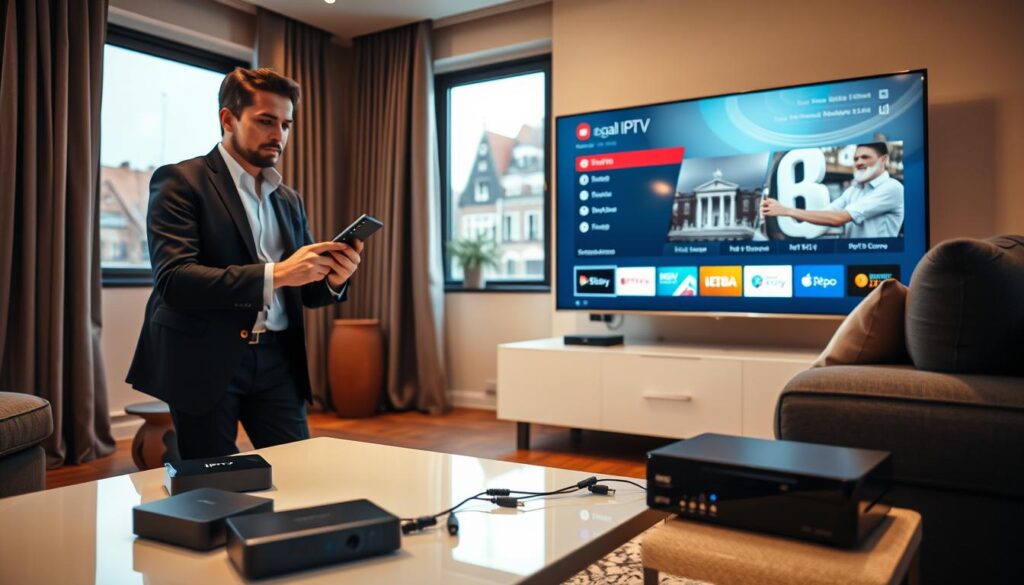 A modern living room setup featuring a sleek television displaying an IPTV interface. In the foreground, a professional-looking man in smart casual attire is interacting with a remote control, contemplating the legality of IPTV services. The middle ground includes a stylish coffee table with various IPTV devices scattered, such as streaming boxes and HDMI cables, symbolizing the options available. In the background, a window shows a view of typical Dutch architecture, hinting at the setting in the Netherlands. The lighting is warm and inviting, creating a cozy atmosphere, while a soft focus enhances the subjects' relief against the well-lit environment. The angle should capture a balanced composition, emphasizing the man's engagement with technology and the overall theme of legality in entertainment.