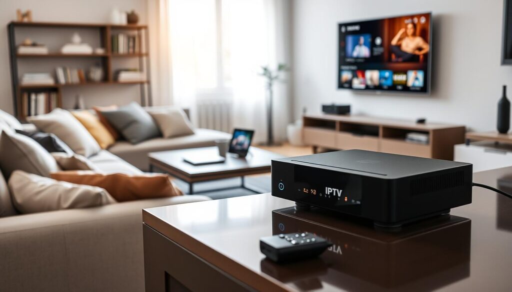 A modern living room setup featuring an IPTV set-top box as the focal point on a stylish media console. In the foreground, a sleek IPTV device with glowing indicators is showcased among various streaming accessories. The middle ground includes a cozy sofa arranged with cushions and a coffee table adorned with a remote control and a tablet displaying streaming options. The background is a well-lit room with wall-mounted shelves holding books and decor items, while a large flat-screen TV displays vibrant streaming content. Soft natural light filters in through a window, creating a warm and inviting atmosphere, perfect for enjoying home entertainment. The overall mood exudes comfort, modernity, and the convenience of IPTV technology.