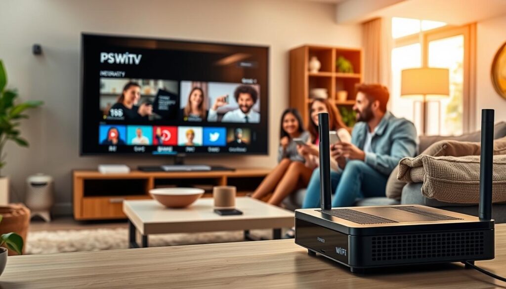 A modern living room setup showcasing a family enjoying IPTV on a sleek smart TV, with various devices like a smartphone, tablet, and gaming console in view. In the foreground, place a Wi-Fi router indicating strong internet connectivity. The middle layer features the family members, dressed in casual yet professional attire, engrossed in their viewing experience, expressing enjoyment and engagement. The background shows a cozy home environment with soft ambient lighting, large windows letting in natural light, and stylish furniture. The atmosphere is warm and inviting, highlighting the importance of strong internet connection and quality devices for an enhanced IPTV experience. Use a wide-angle lens to capture the entire scene, giving a sense of depth.