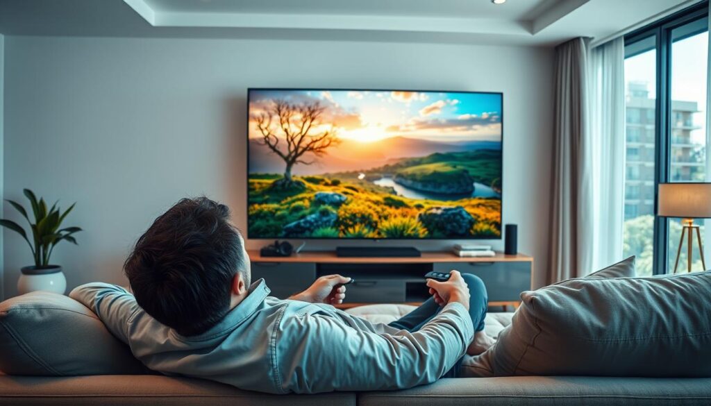 A modern living room setup showcasing a person comfortably enjoying IPTV streaming on a large, ultra HD television. In the foreground, a viewer is seen in casual yet polished attire, reclining on a stylish couch with a remote in hand, exhibiting a look of satisfaction. The middle layer features the vibrant television screen, displaying a high-resolution stream of nature scenery with lush colors and intricate details that emphasize sharpness and fluidity. The background presents a tastefully decorated room with soft lighting that creates a warm, inviting atmosphere. A large window allows natural light to spill in, enhancing the feeling of comfort while ensuring a focus on the stunning image quality on the screen. The mood is relaxed and captivating, highlighting the ultimate streaming experience.
