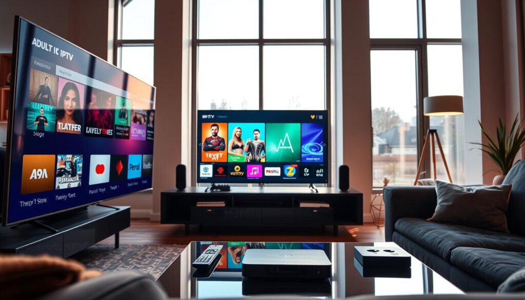 A modern living room setup showcasing adult IPTV technology in the Netherlands. In the foreground, display a sleek, high-definition television screen depicting colorful graphics of streaming apps and digital interfaces related to IPTV services. In the middle ground, illustrate a stylish coffee table with remote controls and a multimedia device, such as a streaming box. The background features large windows allowing natural light to flood in, with a view of a typical Dutch urban landscape outside. The atmosphere is cozy and contemporary, with warm lighting creating an inviting ambiance. Use a slight overhead angle to capture the scene, focusing on details like the reflection on the TV screen and the texture of the furniture.