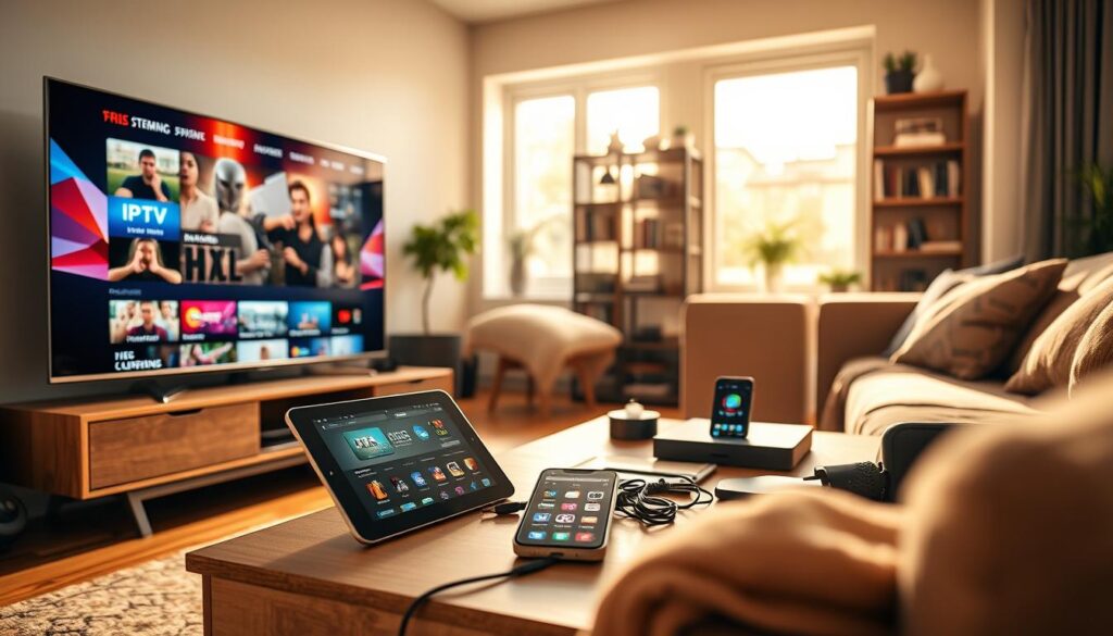 A modern living room setup showcasing various smart devices compatible with IPTV, arranged seamlessly. In the foreground, a sleek smart TV displaying vibrant streaming content. In the middle, a stylish coffee table cluttered with a tablet and smartphone, both showing IPTV apps. The background features a cozy couch with a soft throw blanket, and a bookshelf filled with tech gadgets and books. Warm, natural lighting filters in through a window, casting soft shadows and creating an inviting atmosphere. The angle is slightly above eye level, providing a comprehensive view of the room. The mood is relaxed and tech-savvy, emphasizing convenience and modern compatibility with devices. A modern living room setup showcasing various smart devices compatible with IPTV, arranged seamlessly. In the foreground, a sleek smart TV displaying vibrant streaming content. In the middle, a stylish coffee table cluttered with a tablet and smartphone, both showing IPTV apps. The background features a cozy couch with a soft throw blanket, and a bookshelf filled with tech gadgets and books. Warm, natural lighting filters in through a window, casting soft shadows and creating an inviting atmosphere. The angle is slightly above eye level, providing a comprehensive view of the room. The mood is relaxed and tech-savvy, emphasizing convenience and modern compatibility with devices.