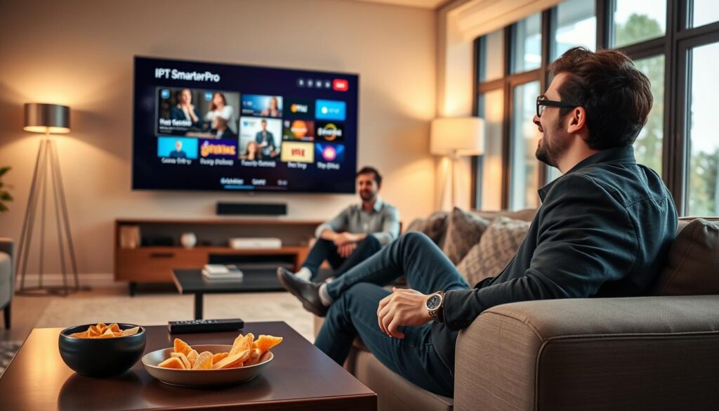 A modern living room setup where a person in smart casual attire is happily watching IPTV Smarters Pro on a sleek, large flat-screen TV. The foreground includes a stylish coffee table with snacks and a remote control, emphasizing comfort and relaxation. In the middle ground, the person is depicted with an engaged expression, seated on a cozy sofa, surrounded by contemporary decor that suggests a tech-savvy lifestyle. The background features soft lighting from floor lamps, creating a warm ambiance, and large windows that let in natural light. The atmosphere is inviting and relaxed, conveying a sense of enjoyment and satisfaction with streaming content seamlessly using IPTV Smarters Pro.