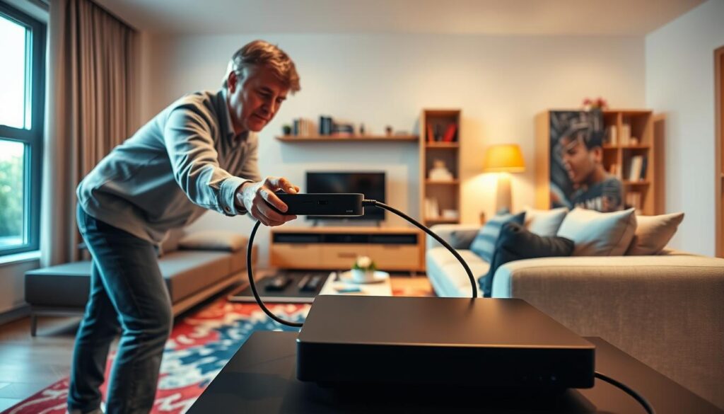 A modern living room setup with a focus on the installation of an IPTV set-top box. In the foreground, a middle-aged individual in casual clothing is connecting the set-top box to a sleek, flat-screen TV using HDMI cables. The middle layer features a cozy sofa, a stylish coffee table with remote controls, and a colorful rug. The background showcases a neatly arranged entertainment center with books and decorative items. Bright, warm lighting fills the room, enhancing the inviting atmosphere. The angle is slightly tilted upwards, allowing a clear view of the TV and the installation process. Overall, the mood is informative and user-friendly, reflecting the ease of starting up the device for viewing Dutch television.