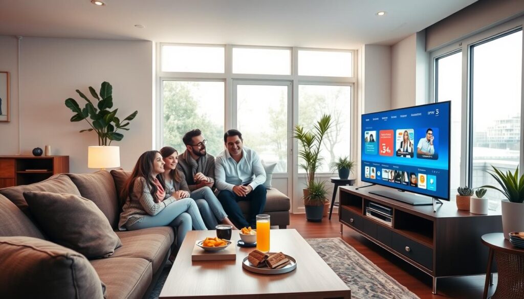 A modern living room with a comfortable sofa and a sleek flat-screen TV, showcasing a vibrant IPTV interface. In the foreground, a family of four, dressed in cozy yet professional casual attire, is gathered around the TV, engaged in a joyful viewing experience. The middle ground features a stylish coffee table with snacks and drinks, highlighting a comfortable home entertainment setup. The background includes large windows with natural light streaming in, enhancing the warm and inviting atmosphere. Soft, ambient lighting creates a cozy mood, while decorative elements like indoor plants and personalized decor add character to the space. The scene embodies the essence of premium IPTV enjoyment, capturing the togetherness and reliability of quality television viewing.