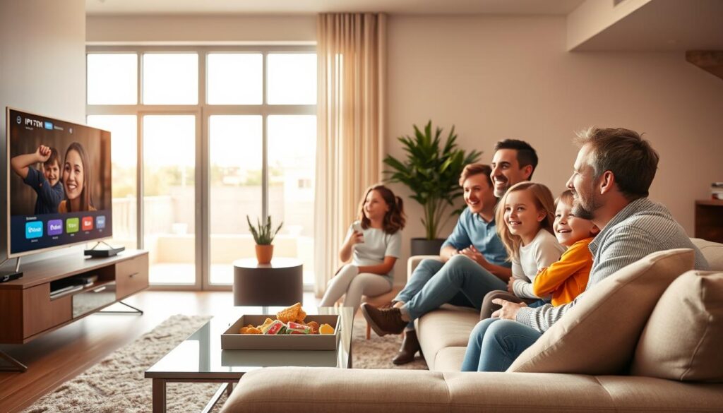 A modern living room with a sleek, contemporary design, featuring a large flat-screen TV displaying the IPTV interface. In the foreground, a family of four - two adults and two children - are gathered on a stylish sofa, all expressing joy and excitement as they interact with the IPTV service on the television. In the middle ground, a coffee table holds snacks and a remote control, emphasizing a relaxed viewing atmosphere. The background shows large windows letting in warm, natural light, creating an inviting mood. Soft, neutral tones dominate the color palette, while the focus is sharp on the family and the TV screen, conveying the unique features of IPTV. The lighting is bright and cheerful, suggesting an enjoyable family experience.
