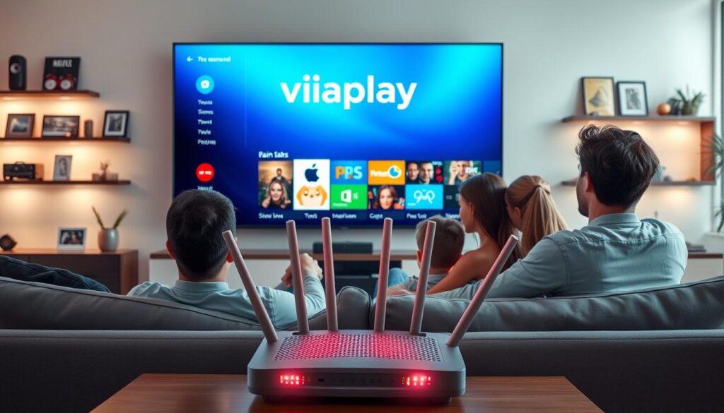 A modern living room with a sleek design, featuring a large flat-screen TV displaying a vibrant streaming interface for Viaplay. In the foreground, a family of four - a father, mother, and two children - sit comfortably on a stylish couch, each focused on the screen, showcasing engagement and enjoyment. In the middle ground, a high-speed router emits glowing signals, symbolizing fast internet connectivity. The background consists of soft-lit shelves displaying entertainment collectibles, with a window allowing natural light to stream in, creating a warm and inviting atmosphere. The overall mood is relaxed and contemporary, emphasizing the enjoyment of quality IPTV streaming in a cozy home setting.