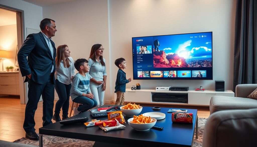 A modern living room with a sleek home entertainment setup featuring a large flat-screen TV displaying vibrant IPTV channels. In the foreground, a family of four—two adults in professional business attire and two children in casual clothing—are happily watching together. The middle ground showcases a stylish coffee table cluttered with snacks and remote controls, symbolizing comfort and ease of viewing experience. In the background, a window reveals a bright sky, adding natural light and warmth to the scene. The atmosphere is cozy and inviting, emphasizing the enjoyment of quality entertainment at home, with soft ambient lighting that enhances the homely feel.