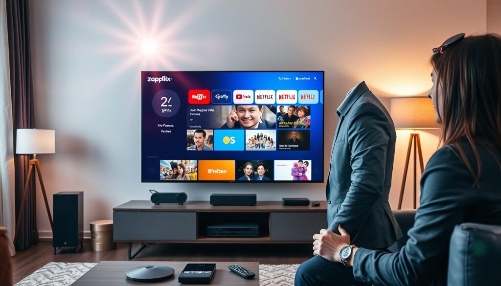 A modern living room with a sleek television displaying the Zappflix IPTV interface, showcasing user-friendly navigation features. In the foreground, a professional individual, dressed in smart casual attire, is setting up the IPTV device, appearing focused and engaged. The middle ground features an assortment of high-tech devices, including a remote control and smart speakers, hinting at a seamless integration with the home network. The background reveals a cozy ambiance, with soft lighting from stylish lamps creating a warm atmosphere. The scene captures a sense of ease and convenience, with a contemporary design aesthetic and a lens flare effect to enhance the inviting feel. The overall mood is optimistic and user-friendly, highlighting the effortless installation of the service.