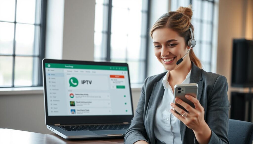 A modern, professional Dutch customer service representative engaged in a friendly conversation through WhatsApp on a smartphone, set against a sleek office background. In the foreground, the representative, a Caucasian woman in smart casual attire, is focused and smiling, embodying a helpful and approachable demeanor. In the middle, an open laptop displays virtual IPTV subscription management tools, symbolizing innovation and technology. The background features bright, natural lighting from a window, adding a warm ambiance to the scene. The atmosphere is inviting and professional, capturing the essence of direct activation and customer support for IPTV services via WhatsApp. The entire composition should radiate efficiency and modern customer service.