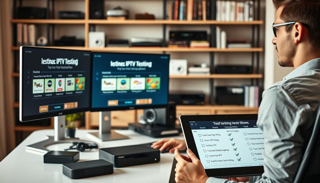 A modern, professional home office setting, featuring a sleek computer desk with dual monitors displaying IPTV testing interfaces. In the foreground, a focused individual in smart casual attire is seated, actively navigating through IPTV subscription options on the screens. The middle ground showcases the desk cluttered with tech gadgets, including a streaming device and a tablet showing a checklist for testing subscriptions. In the background, softly blurred shelves display various media devices and tech books, with warm, natural lighting creating an inviting atmosphere. The image captures a mood of concentration and diligence, emphasizing the importance of testing IPTV subscriptions before purchase.