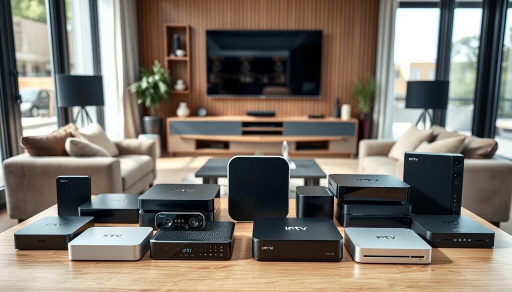 A modern, sleek display of various IPTV boxes from 2025 arranged on a stylish wooden table in a well-lit, contemporary living room. In the foreground, several IPTV boxes with innovative designs and features, showcasing a mix of compact styles and bold aesthetics. The middle layer includes a plush couch and a stylish TV mounted on the wall, creating a homey atmosphere. In the background, large windows allow natural light to flood in, enhancing the warm, inviting mood. The lighting is soft yet bright, highlighting the devices and creating gentle shadows. Use a wide-angle perspective to capture the entire scene, focusing on the IPTV boxes, which stand out as the main subject, reflecting their modern technology and appeal for daily viewing enjoyment.