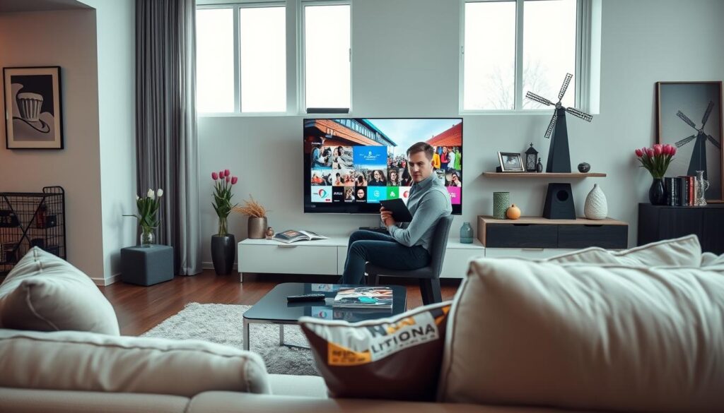 A modern, sleek living room in a Dutch home, featuring a large flat-screen TV displaying vibrant IPTV streaming content. In the foreground, a comfortable sofa adorned with stylish cushions invites relaxation. A small coffee table holds a remote control and a stack of tech magazines. In the middle ground, a professional-looking person, dressed in business casual attire, is sitting on the sofa, attentively holding a tablet, navigating through the IPTV interface. The background includes subtle decorative elements reflecting Dutch culture, such as tulips and windmill art. Soft, natural lighting filters through large windows, creating an inviting atmosphere that conveys innovation and entertainment. The angle captures both the individual and the engaging IPTV experience beautifully, emphasizing the seamless connection between technology and leisure.