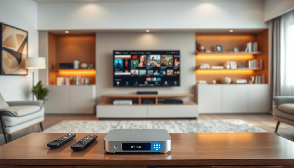 A modern, sleek living room showcasing a variety of Alibaba IPTV devices prominently displayed on a stylish media console. The foreground features a high-tech IPTV box with glowing lights and remote controls beside it, emphasizing the advanced technology. In the middle ground, a large flat-screen TV displays vibrant streaming content, highlighting the product's capabilities. The background includes abstract artwork and subtle shelves filled with books, creating a cozy yet contemporary atmosphere. The lighting is warm and inviting, with soft natural light filtering in through a large window. The overall mood conveys innovation and connectivity, capturing the essence of high-quality digital streaming experiences.